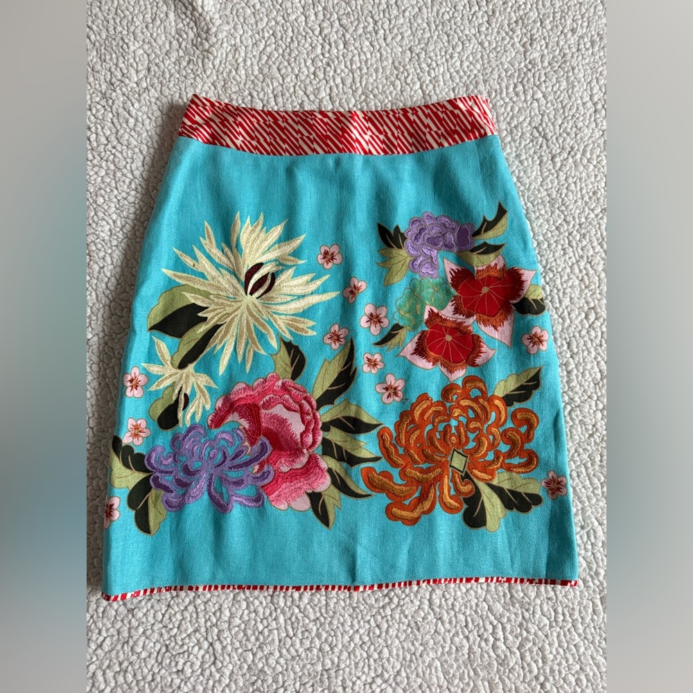 Y2K Linen Blend Floral embroidered Mini Skirt Colorful Anthropologie Style Sz 0